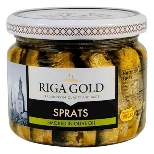 SPRATS SMOKED IN OLIVE OIL GLASS 12/270GR RIGA GOLD LATVIA N1482