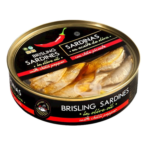 BRISLING SARDINES IN OLIVE OIL W/CHILI PEPPER E/O 10/160GR BRIVAIS VILNIS (4) N6594