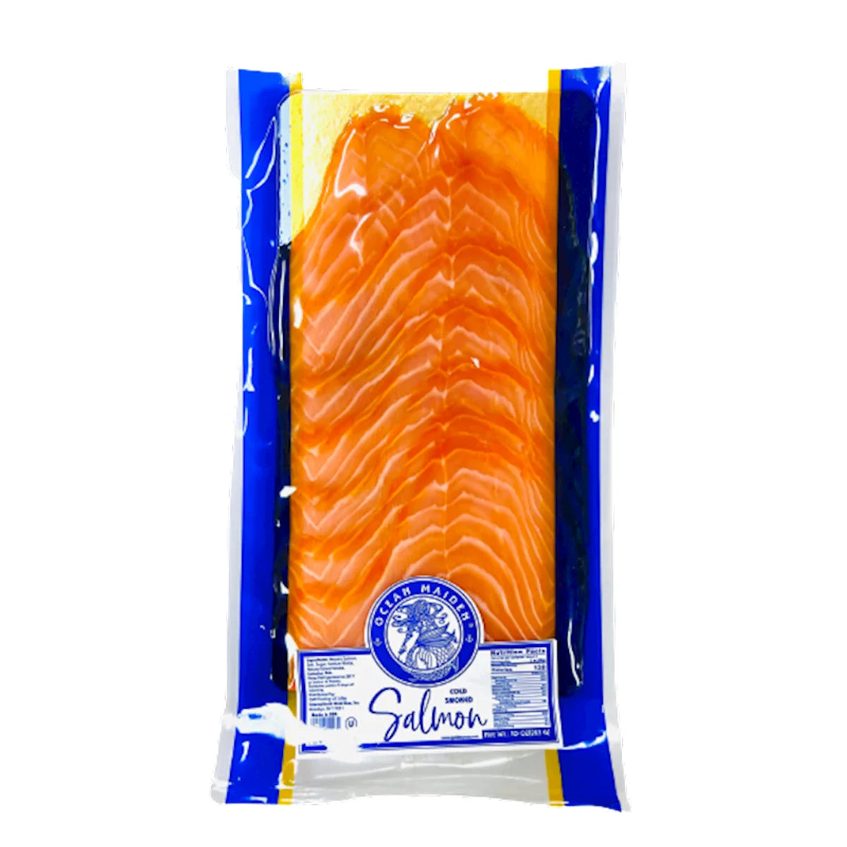 SALMON ATLANTIC COLD SMOKED SLICED V/P 1/283GR 10OZ OCEAN MAIDEN BY PIECE KOSHER FOR PARVE  A14013