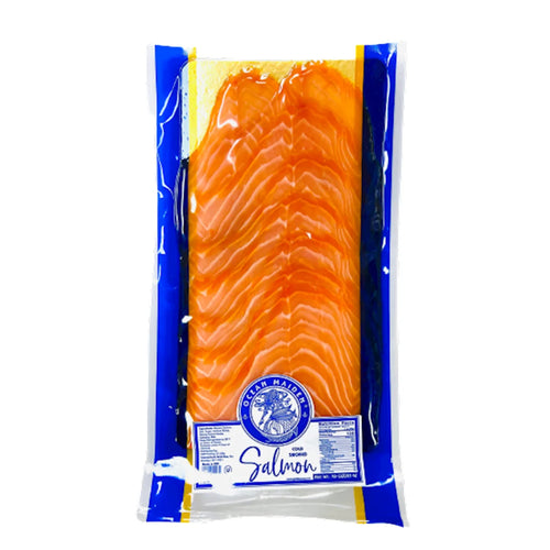 SALMON ATLANTIC COLD SMOKED SLICED V/P 1/283GR 10OZ OCEAN MAIDEN BY PIECE KOSHER FOR PARVE  A14013