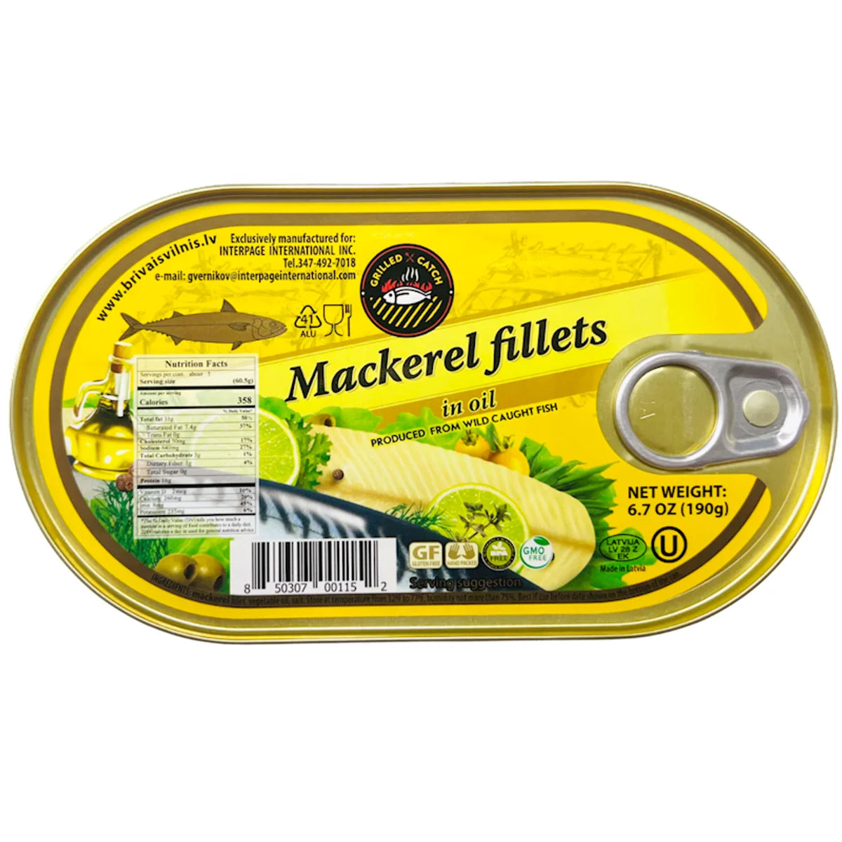 MACKEREL FILLETS IN OIL 36/190GR BRIVAIS VILNIS N001152